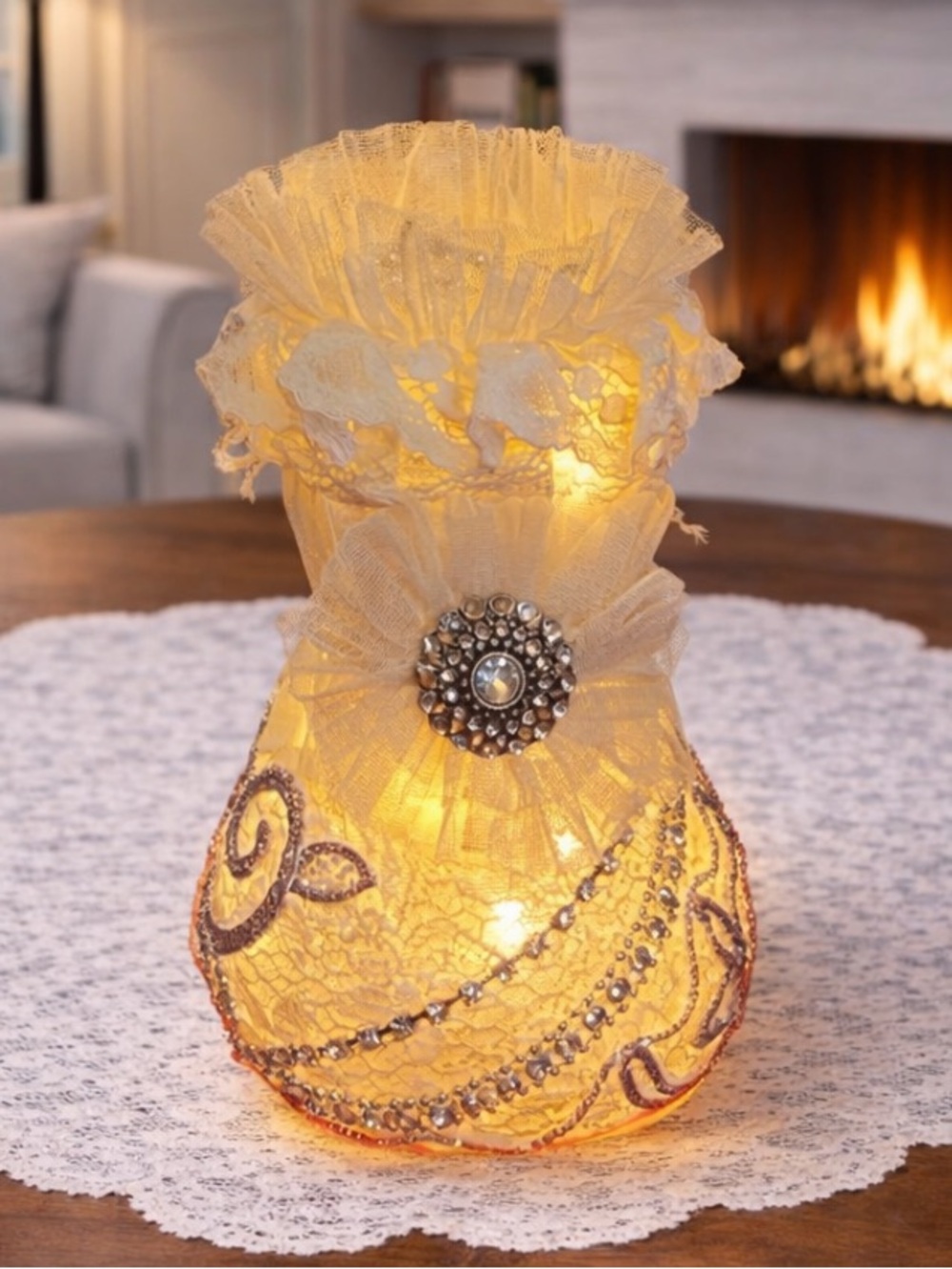 Vintage Lace Rhinestone Embellished Night Ambiance Lighted Decor Vase